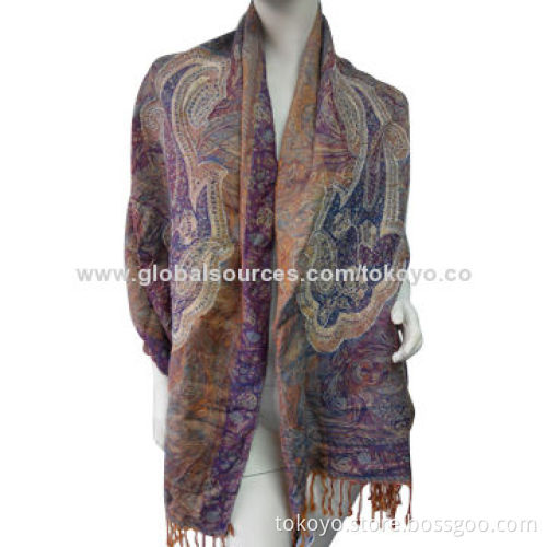 Wool scarf with paisley cut jacquard, more different weaving structure, 180*70+8cm tassels, cotton